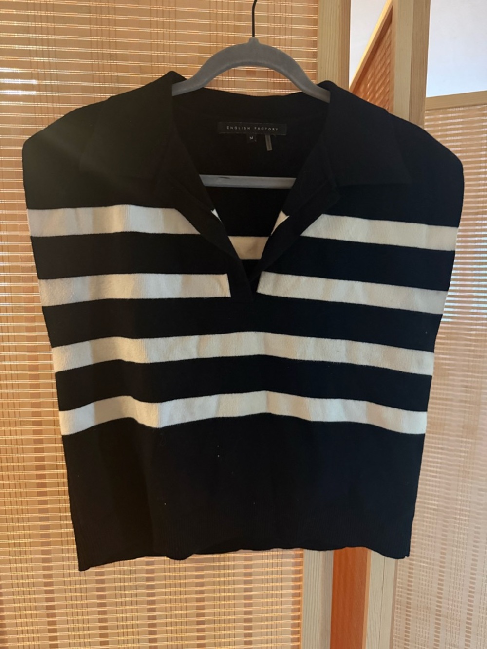 English Factory Men’s Black and White Striped V‑Neck Polo Sweater